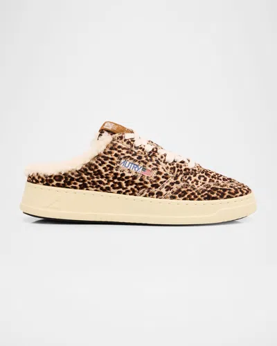 Autry Medalist Shearling-lined Leopard Calf Hair Sneaker Mules In Brown