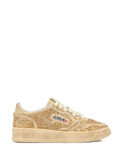 Autry Medalist Low Sneakers In Bronze Suede With Crystal Micro Rhinestones In Brown
