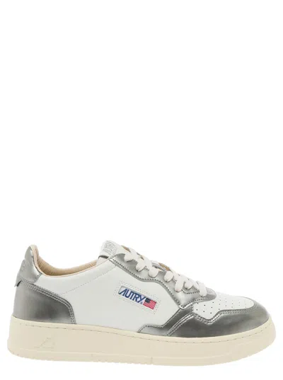 Autry Medalist White And Silver Low Top Sneakers With Logo Detail In Leather Man In Metallic