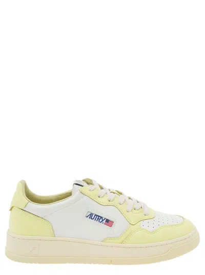 Autry 'medalist' White And Yellow Low Top Sneakers With Logo Detail In Leather Man