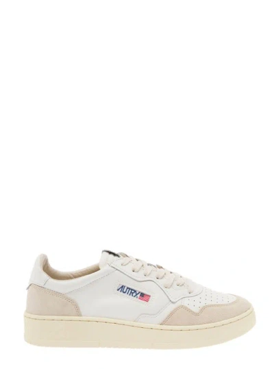 Autry 'medalist' White Low Top Trainers With Beige Suede Details In Leather Man In Neutrals