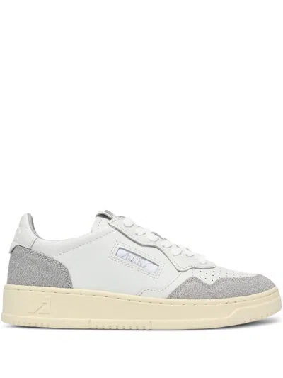 Autry Medalist Low Sneakers In White Leather And Glitter Suede In Animal Print