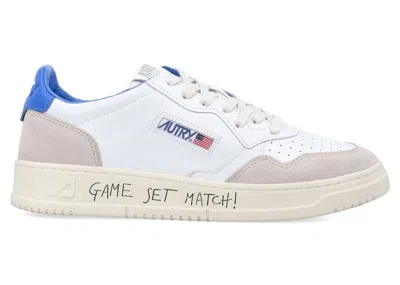 Pre-owned Autry Men's  Medalist Leather Low Game Set Match! Grey Sneakers In White/palace Blue