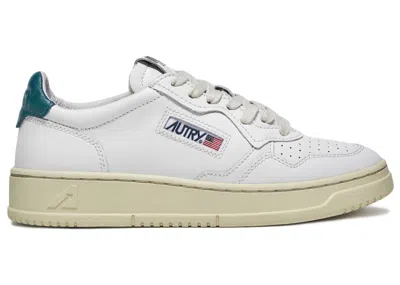 Pre-owned Autry Men's  Medalist Leather Low Sneakers In White/petrol Blue/cream In Multi