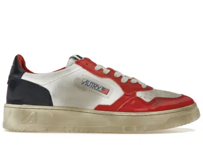 Pre-owned Autry Men's  Medalist Leather Low Super Vintage Sneakers In White/blue/red In Multi