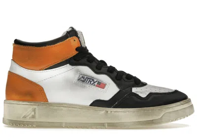 Pre-owned Autry Men's  Medalist Leather Mid Super Vintage Sneakers In White/black/orange