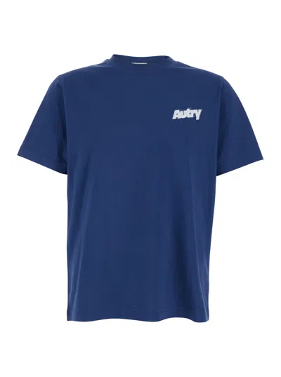 Autry Men's Cotton Crew Neck T-shirt With Raised Collar And Front Logo In Blue