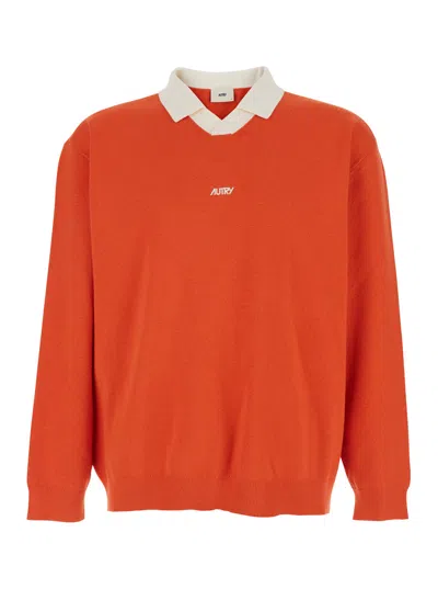 Autry Men's Polo Collar Cotton-blend Sweater With Front Logo In Orange