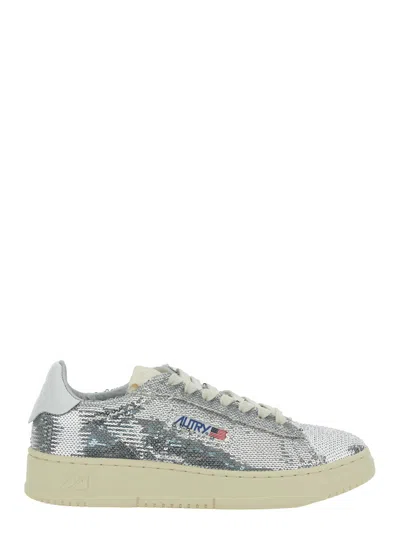 Autry Metallic Beaded Low-top Sneaker With Contrasting Heel And Logo Patches In Silver