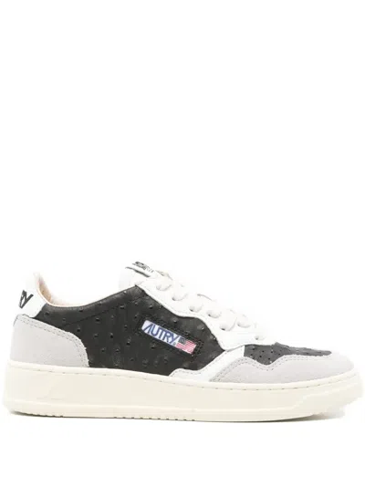 Autry Ostrich-embroidered Leather Sneakers In Black