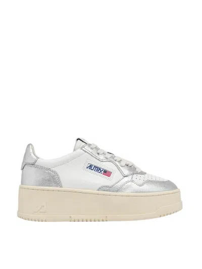AUTRY AUTRY PLATFORM LOW SNEAKERS IN WHITE AND SILVER LEATHER