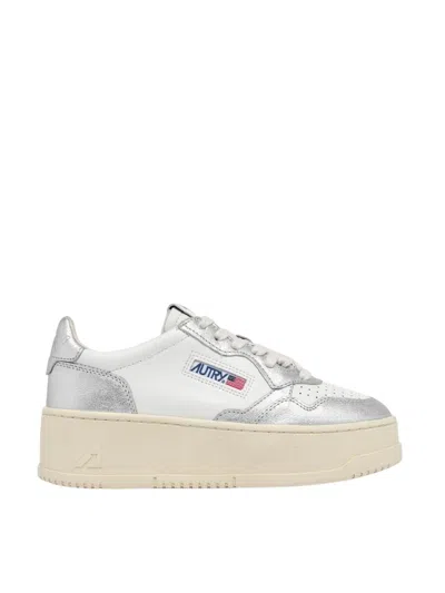 Autry Platform Low Sneakers In White And Silver Leather
