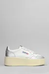 Autry Silver Metallic And White Leather Medalist Platform Sneakers In White