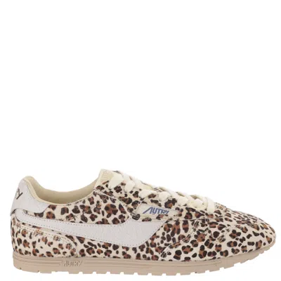 Autry Pony Skin Low-top Sneakers With Animal Print And Contrast Heel Tab In Brown