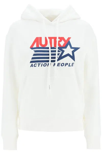 Autry Logo Print Brushed Cotton Hoodie In White