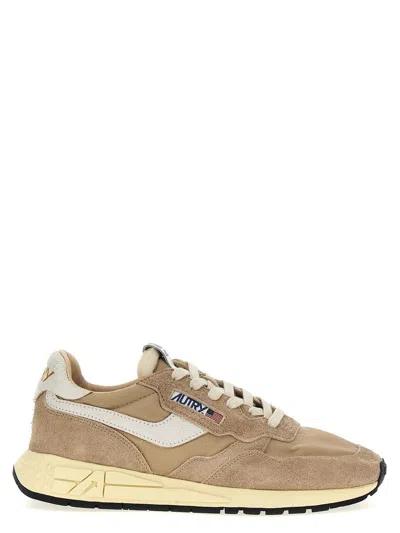 Autry Reelwind Low Nylon And Leather Craquele Pepper And White Sneakers In Beige