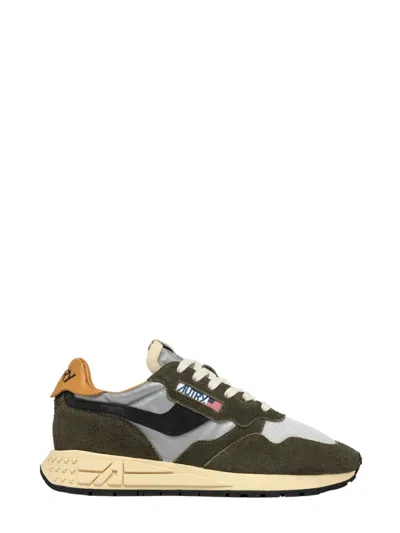 Autry Reelwind Low Sneakers In Green Craquele Leather And Reflective Nylon