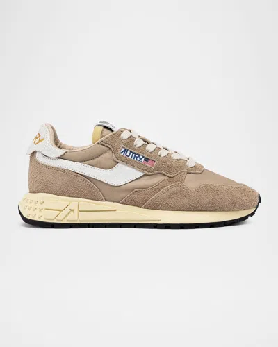 Autry Reelwind Mixed Leather Retro Trainer Sneakers In Neutral