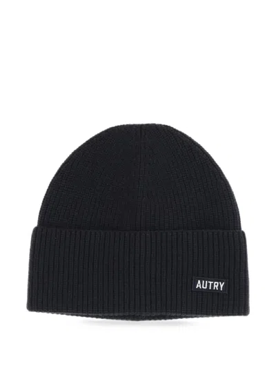 Autry Ribbed-knit Logo-patch Beanie Hat In Black