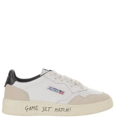 Autry Round Toe Leather Sneakers With Suede Inserts And Graffiti Accents In White