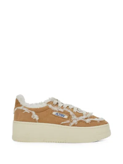 Autry Shearling-trim Platform Sneakers In Brown