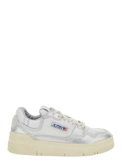 Autry Silver And White Low Top Sneakers With Logo Patch In Metallic Leather Woman In Multi