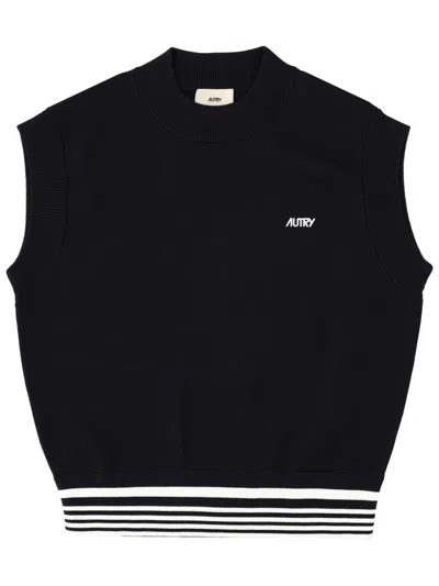 Autry Sleeveless Knit Mock Neck Sweater Vest In Blue