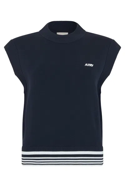 Autry Sleeveless Knit Mock Neck Sweater Vest In Blue