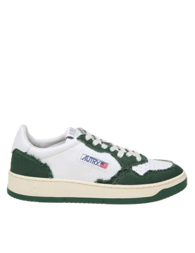 Autry Sneakers In White And Green Leather And Canvas In Grey
