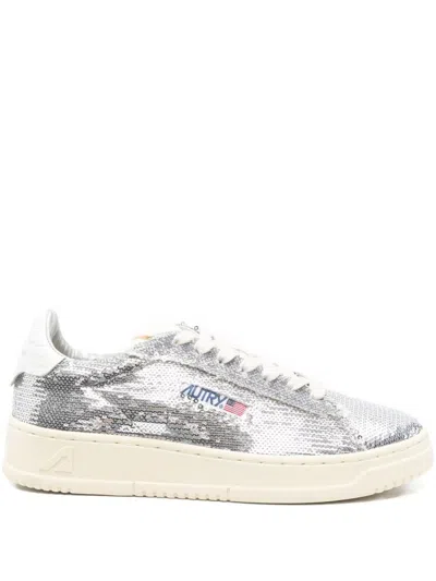 Autry Sequined Low Top Sneakers With Fabric Upper In Silver