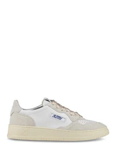 Autry Sporty White Sneakers With Textured Leather In Neutral
