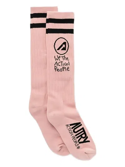 Autry Striped Logo Socks In Pink