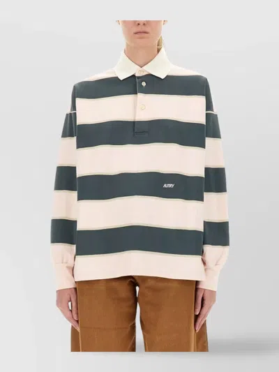 Autry Striped Long Sleeve Top With Ribbed Collar And Cuffs In Brown