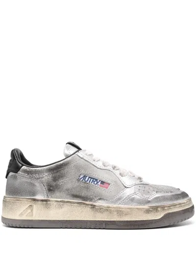 Autry Super Vintage Distressed Leather And Suede Sneakers In Silver
