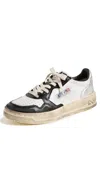 Autry Low Top Sneakers With Distressed Metallic Panelled Design In White/black/silver