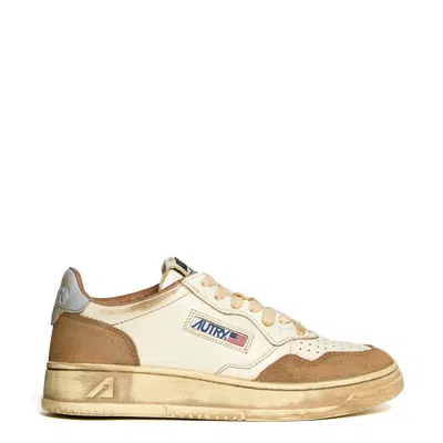 Autry Super Vintage Low Sneakers With Cognac Microfiber Accents In Beige