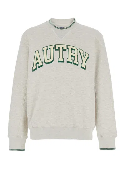 Autry Grey Crewneck Sweatshirt With Logo Print In Jersey Man