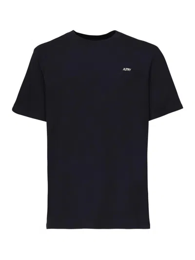 Autry Blue Round Neck T-shirt With Logo Embroidered On The Front In Cotton Man In Cotton Blue