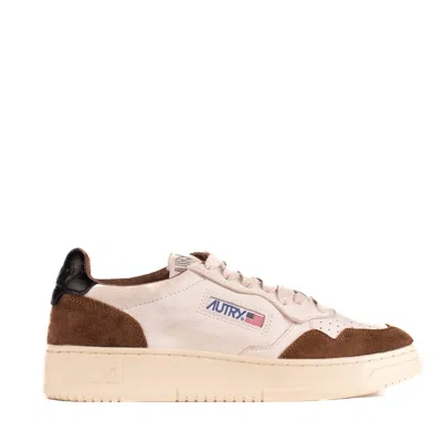 Autry Two-tone Brown And White Suede Leather Sneakers In White, Brown