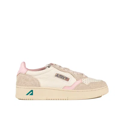 Autry Two-tone White And Pink Leather And Beige Suede Effect Hair Medalist Low Sneakers In White, Pink