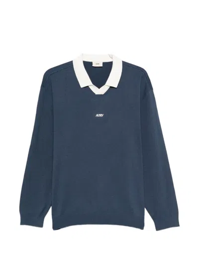 Autry Blue Polo Neck Sweater With Logo On The Front In Cotton Blend Man