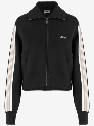 Autry Viscose Blend Sweatshirt With Zipper And Side Stripes In Black