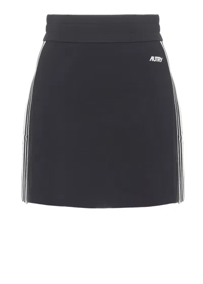 Autry Viscose Mini Skirt With Contrasting Side Bands In Black