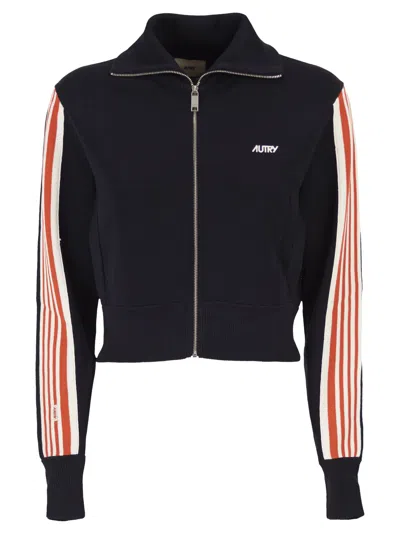 Autry Viscose Sweatshirt With Zip And Side Stripes In Black