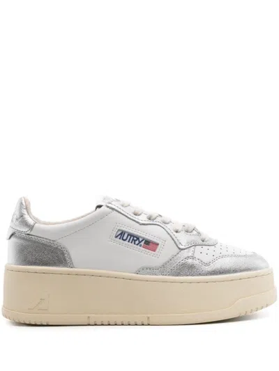 Autry White And Silver Medalist Platform Low Sneakers