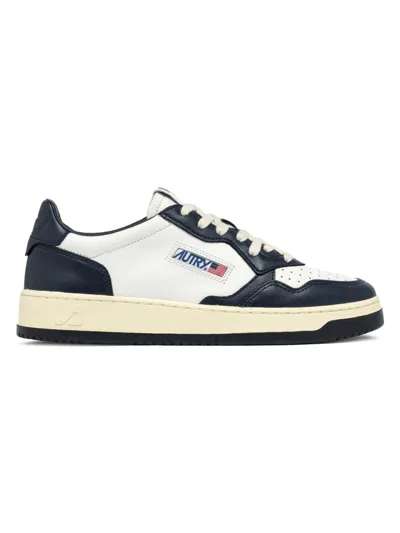 Autry Low-top Leather Sneakers With Navy Overlays And Perforated Details In White