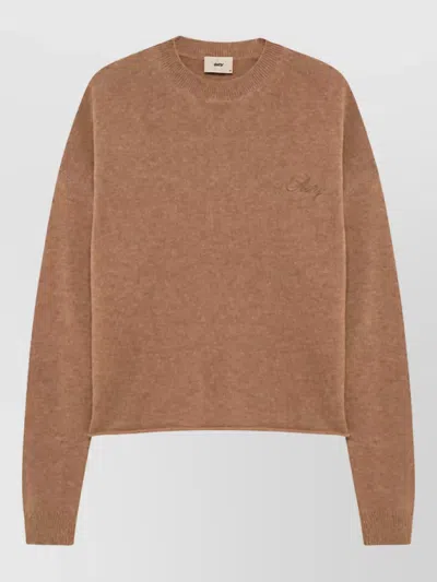 Autry Wool Cashmere Cropped Logo Embroidered Knit Sweater In Brown