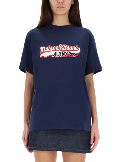 Autry X Maison Kitsune Autry X Maison Kitsuné Unisex Logo T-shirt - Fw25 Edition In Blue