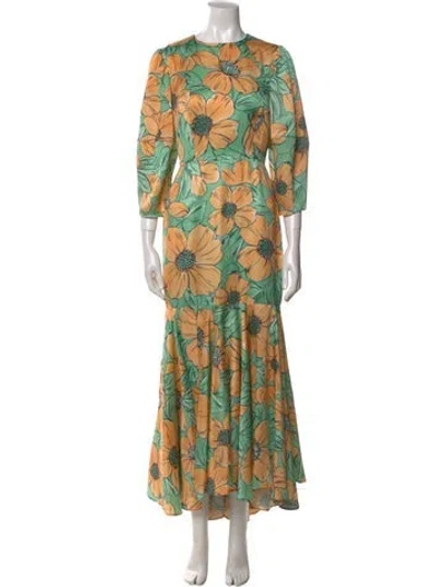 Pre-owned Autumn Adeigbo Floral Print Long Dress In Green