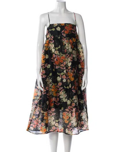 Pre-owned Autumn Adeigbo Floral Print Midi Length Dress In Black
